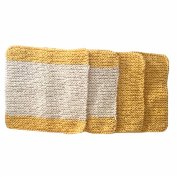Set of 4 hand knitted dishcloths  yellow and white - Picture 2 of 5
